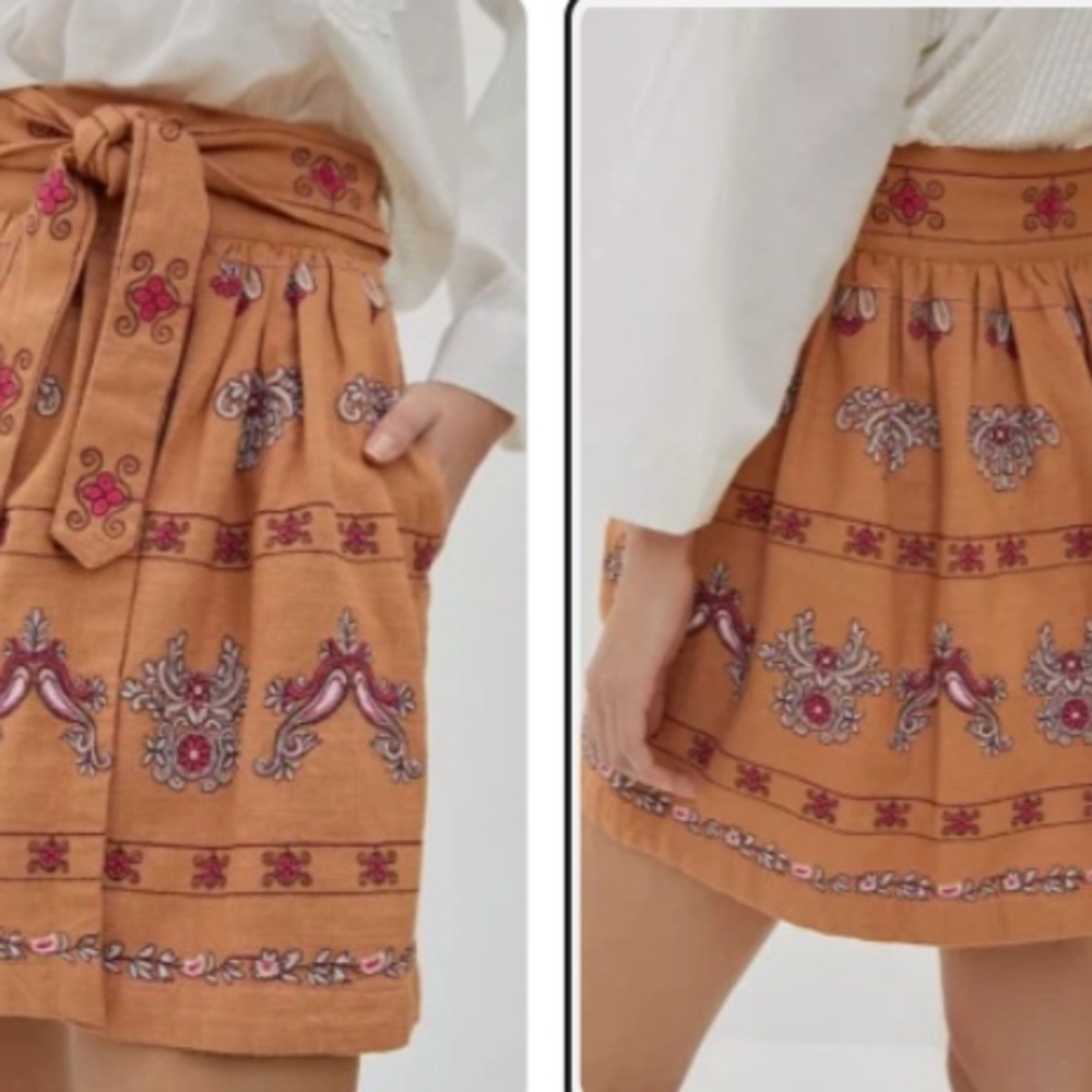 Anthropologie Floral Embroidered Mini Skirt - Tan and Pink - Picture 2 of 7